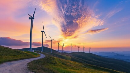 Obraz premium A row of wind turbines stands tall under a breathtaking sunset, the sky ablaze with colors, symbolizing clean energy.