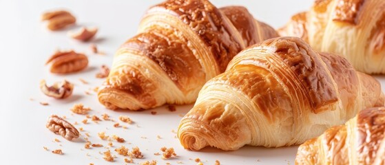 A plate of croissants with a pile of nuts on the table. The croissants are golden brown and look delicious