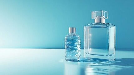A sleek, clear perfume bottle alongside a bottle of water, rendered in 3D on a calm blue background, highlighting luxury and freshness.