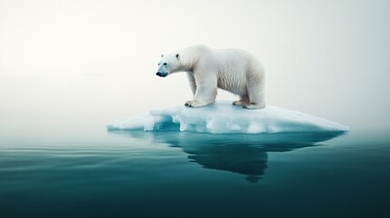 A majestic polar bear standing on a small iceberg, surrounded by tranquil waters and an ethereal backdrop.