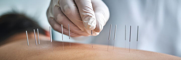 A medical professional inserting very thin acupuncture needles for treatment, alternative therapy concept using ancient methods
