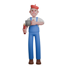 3D Male Painter Character. An artist is holding a cup of coffee in his left hand while gripping a pencil in his right hand. Artistic Professional