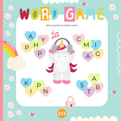 Unicorn activities for kids. Find the hidden words in mixed letters. Logic games for children. Vector illustration. Square page for Activity Book. Game to boost reading skills.
