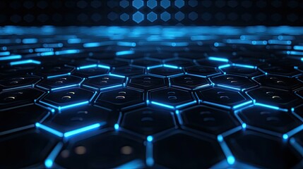 Obraz premium Blue and black hexagon grid with a neon glow, forming a modern and sleek digital background