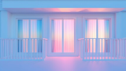Fototapeta premium A white building with a balcony and three windows. The windows are open and the curtains are drawn. The balcony is lit up with a soft pink glow