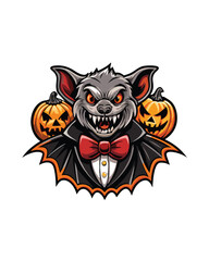 A mischievous vampire bat with oversized fangs wearing a tuxedo and bowtie, surrounded by jack-o-lanterns.