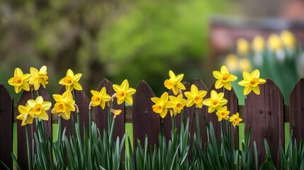 Obraz premium Bright yellow daffodils in a garden plot, fence in the background, ideal for spring-themed designs
