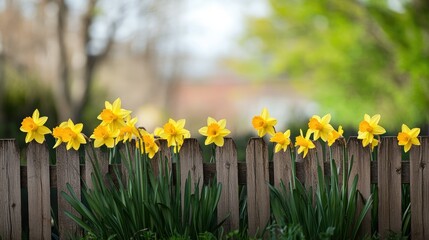 Obraz premium Bright yellow daffodils in a garden plot, fence in the background, ideal for spring-themed designs