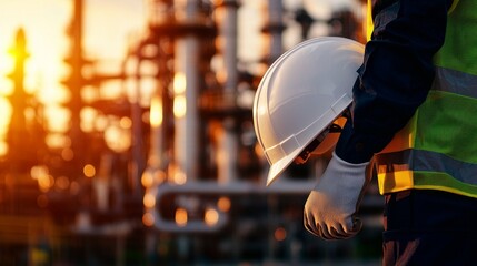 Close-up of a white helmet in an engineer s hand, wearing high-visibility gear and gloves, with gas plant pipes creating a blurred industrial backdrop