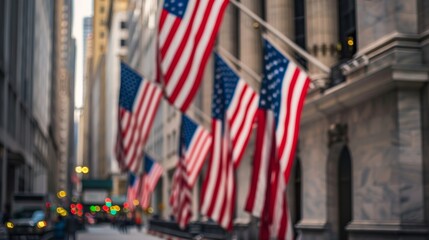 Photo of American flags decorating the streets, focus on specific points.