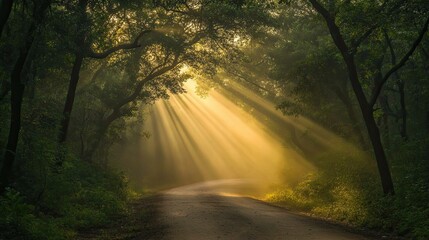 Fototapeta premium Early morning sun rising over a tranquil forest road, with rays of light streaming through foliage