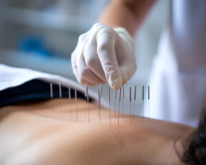 A medical professional inserting very thin acupuncture needles for treatment, alternative therapy concept using ancient methods