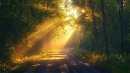 Early morning sun rising over a tranquil forest road, with rays of light streaming through foliage