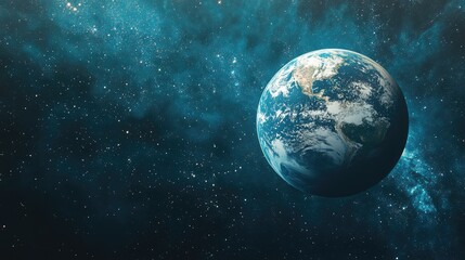 Earth suspended in a star-studded sky, the brilliance of the stars and the rich blues of the oceans creating a stunning cosmic contrast.