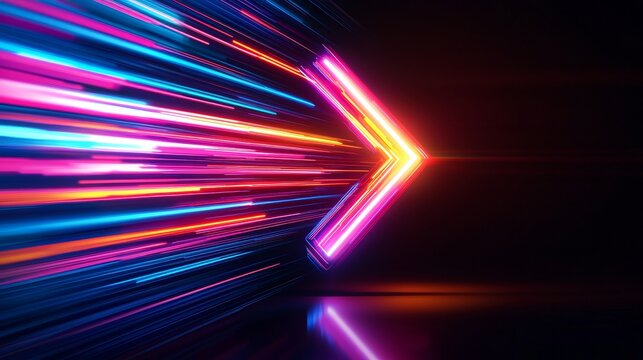 Colorful neon arrow, light trails, rightward direction, jet-black background, sleek futuristic look