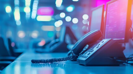 close up soft focus on telephone devices with copy space background at office desk in operation room for customer service support (call center) concept.