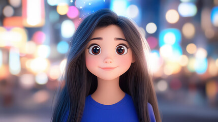 Fototapeta premium A stunning portrait of a young girl with black eyes and long hair, dressed in blue, captured in high detail with soft focus.