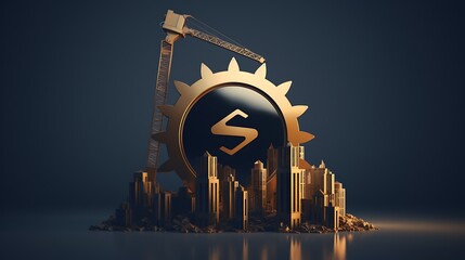 A sleek construction site logo with a gear and a rising building