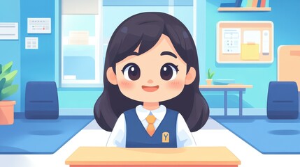 A charming yearold girl in a Thai school uniform, illustrated in Chibi style against a bright classroom backdrop.