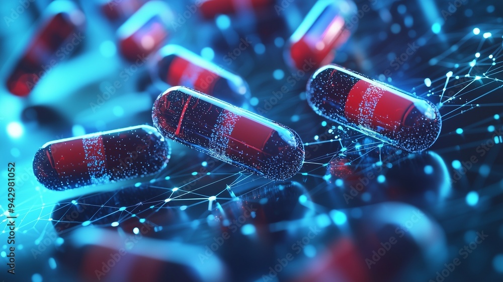 Poster ai-driven drug discovery visualized with digital networks and capsules.