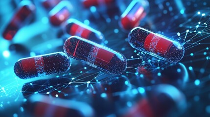 Ai-driven drug discovery visualized with digital networks and capsules.