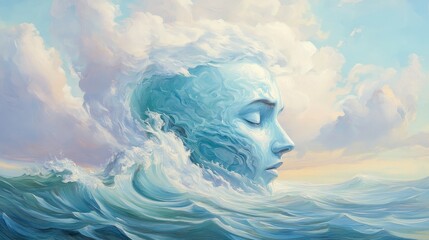 A painting of a woman's face in the ocean with a wave crashing over her. The mood of the painting is serene and peaceful, as the woman is floating on the water. The blue color of the ocean