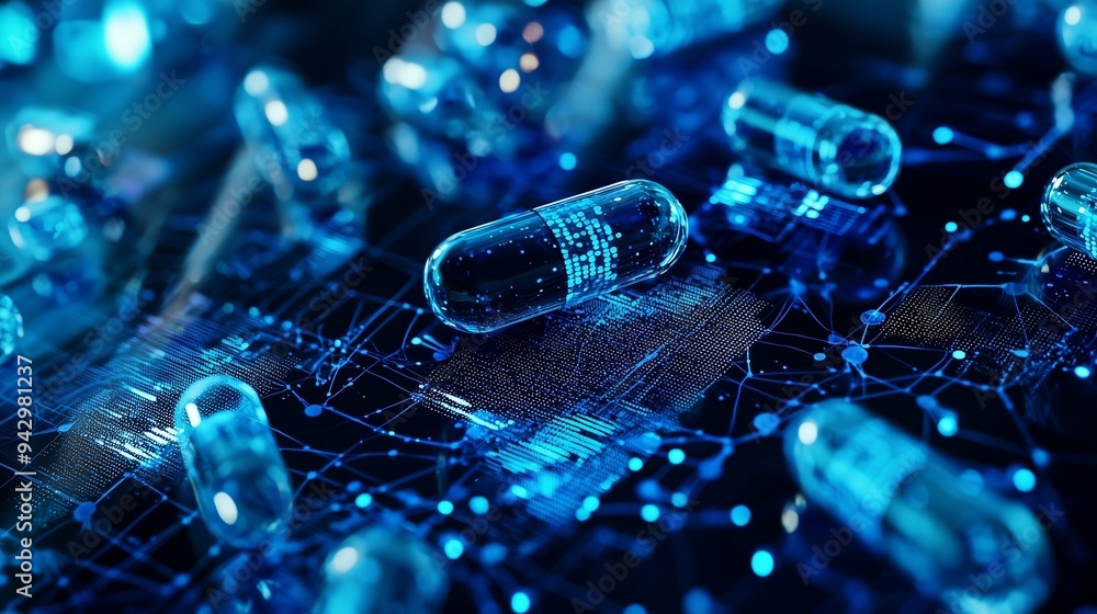 Aufkleber digital visualization of capsules on a circuit board, symbolizing computational drug discovery.