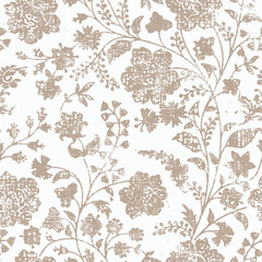 flower print dyed linen texture background. Seamless woven repeat batik pattern swatch. Floral organic distressed block print all over