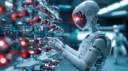Fototapeta premium A humanoid robot interacting with advanced technology in a futuristic lab, symbolizing ai and robotics.