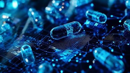 Digital visualization of capsules on a circuit board, symbolizing computational drug discovery.