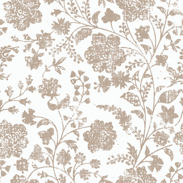 flower print dyed linen texture background. Seamless woven repeat batik pattern swatch. Floral organic distressed block print all over