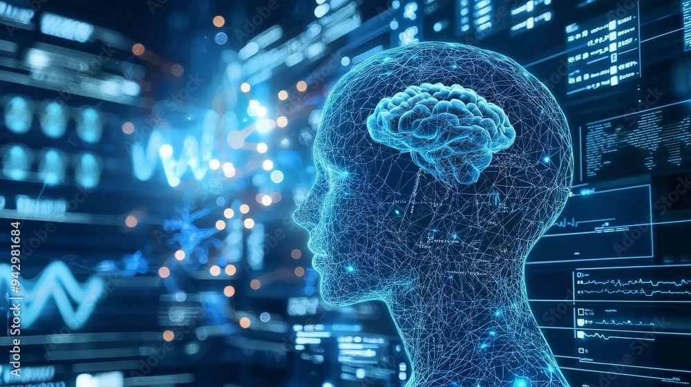Poster digital human head with brain, data charts, and ai elements symbolizing ai in healthcare for faster,