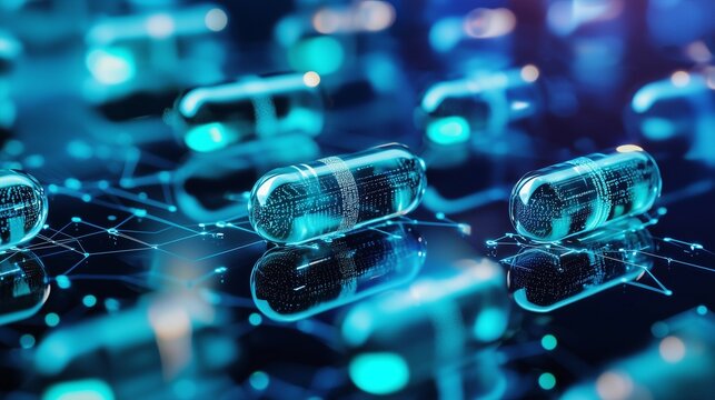 Digital pills on a circuit board symbolizing ai in medicine and drug development.