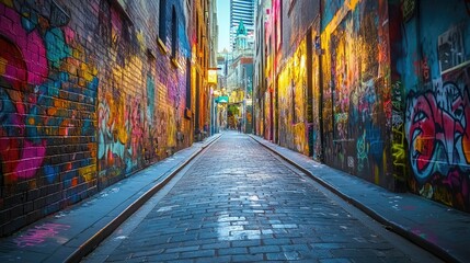 Fototapeta premium Grungy urban street scene with graffiti-covered walls, capturing the raw energy of the city