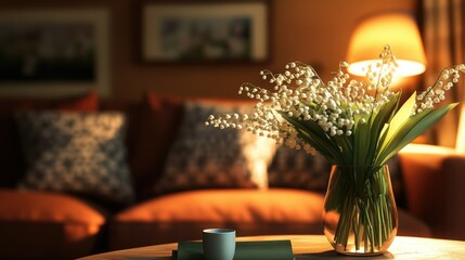 Living room scene with lily of the valley in bloom, placed on a table, soft lighting creates a warm ambiance