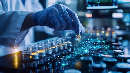 A gloved hand handles vials on a digital interface, symbolizing precision medicine and advanced diagnostics.