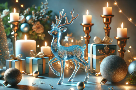 Weihnachtliche Tischdekoration: Rentierfigur aus hellblauem Glas inmitten einer festlichen Dekoration mit Kerzen, Weihnachtskugeln und Geschenken