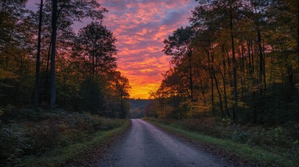 Naklejka premium Majestic sunrise over a forested road, with vibrant hues lighting up the sky and trees