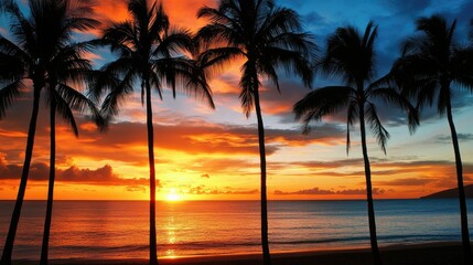Palm trees stand tall against the dramatic backdrop of a burning sunset, embodying the beauty of a tropical evening.