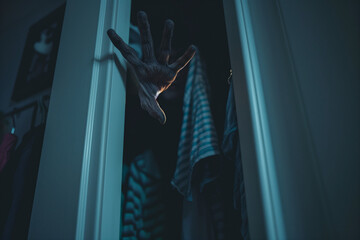 Claw Opening the Closet from Inside Revealing a Creepy Monster’s Hand Ready to Scare Children on Halloween