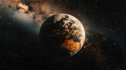 Obraz premium Planet Earth glows under a star-filled sky, the vastness of the universe highlighted by the distant stars surrounding our home planet.