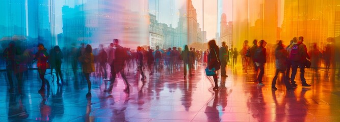 digital multicolor moving silhouettes of businessmen and ordinary people