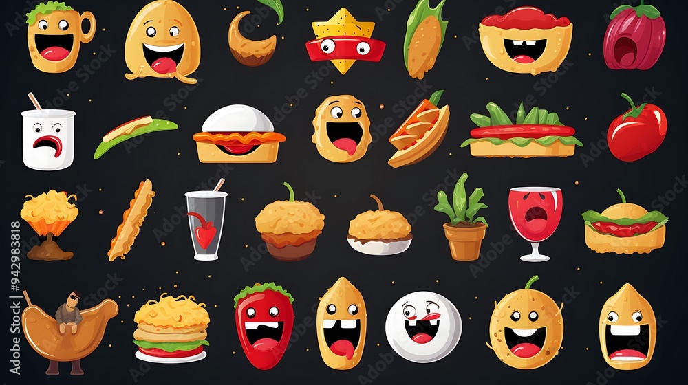 Poster an extensive vector emoji set with various facial expressions, food items, and everyday objects