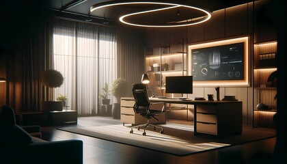 A modern, stylish office interior featuring a sleek desk with a black ergonomic chair, a computer monitor, and a desk lamp