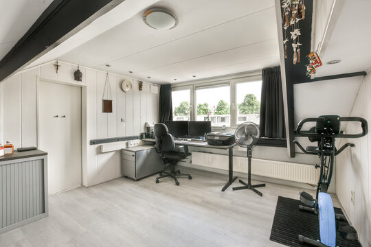 Modern home office with exercise equipment