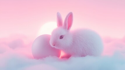 Obraz premium A rabbit is sitting on a cloud with a pink egg next to it. The image has a whimsical and playful mood, as the rabbit and egg seem to be in a dreamlike state