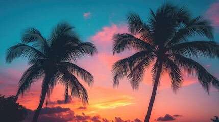 Silhouetted palm trees gently swaying against the vibrant hues of a fiery sunset, capturing the essence of tropical paradise.