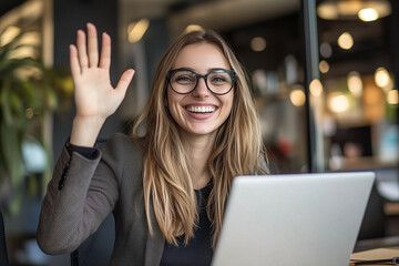 Happy businesswoman waving her hand while talking on a video call with a laptop in the office.