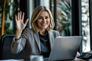 Happy businesswoman waving her hand while talking on a video call with a laptop in the office.