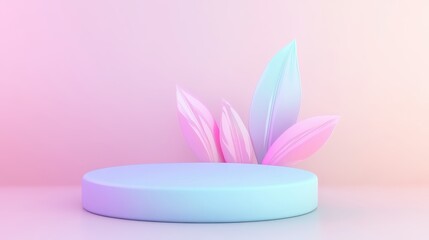 A blue and pink stage with a leafy plant on top